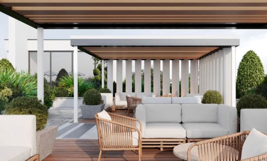 Rooftop pergola and outdoor seating area design in Dubai