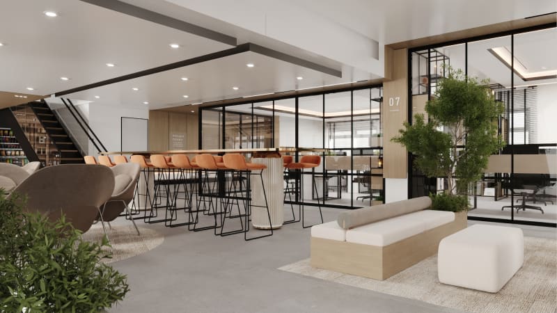 Open-plan office lounge fit-out in Dubai by Soft Touch Interior